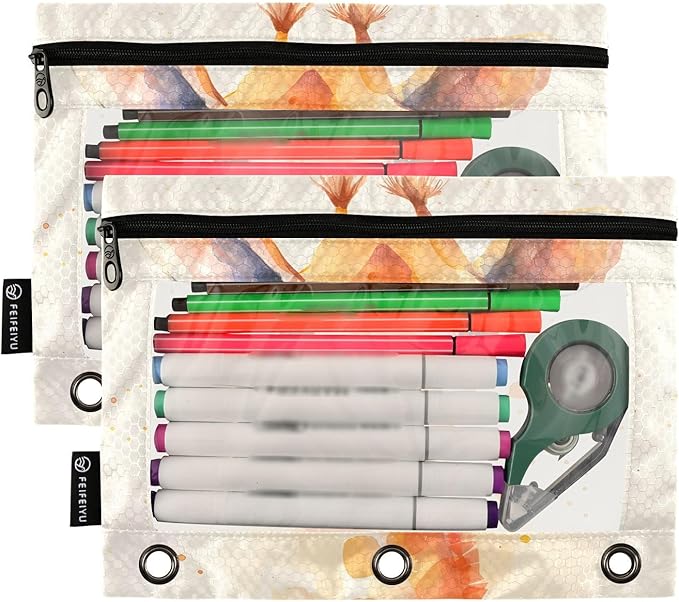 Giraffe Brown Pencil Pouch for 3 Ring Binder, 2 Pack Waterproof Pencil Bags Clear Window Zipper School Office Supplies