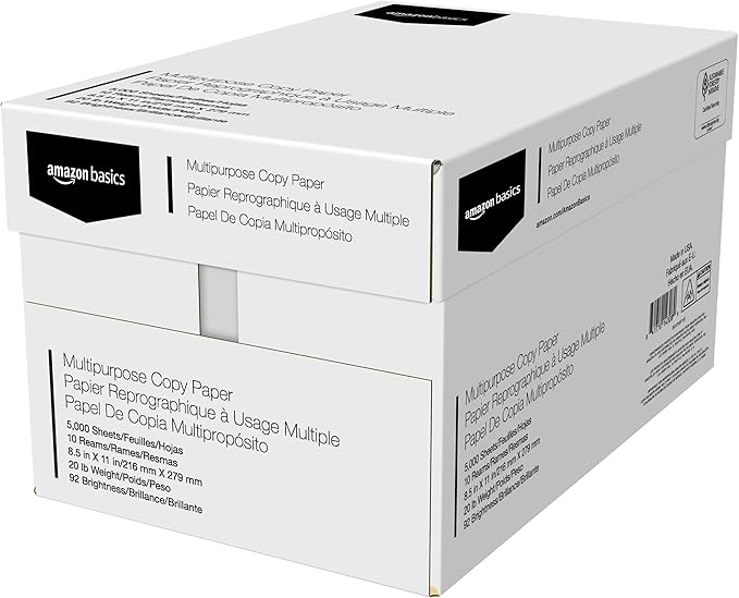 Amazon Basics Multipurpose Copy Printer Paper, 20 lb, 8.5 x 11 Inches, 10 Reams (5,000 Sheets), 92 Bright, White