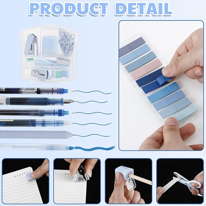 Colarr Mini Office Supply Kit Includes Stapler Tape Dispenser Staple Remover Paper Clips Scissor Staples Pen Sharpener Note Small Telescopic Knife for Office and School Clerk Student (Blue)