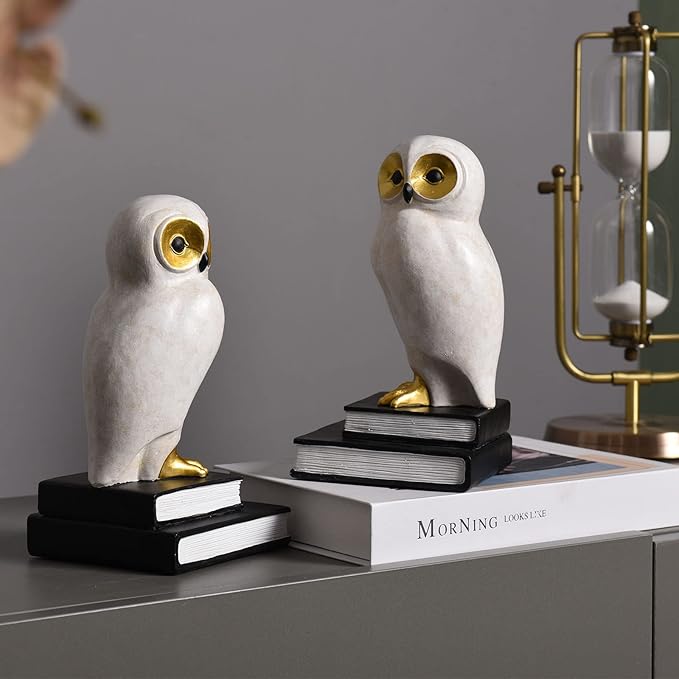 Book Ends for Shelves, Owl Decorative Bookends Bronze Bird Book Stopper Unique Kids Book Holders with Anti-Slip Base Luxurious Bookends for Kids Rooms Office Home Decor(White)