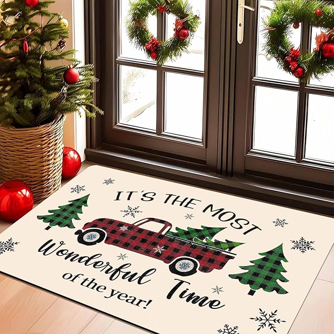 Merry Christmas Buffalo Plaid Truck Doormat Welcome Tree Mat Non Slip Holiday Xmas Front Door Mat for Entrance Indoor Home Bathroom Floor Decoration, 18" x 30"Inch