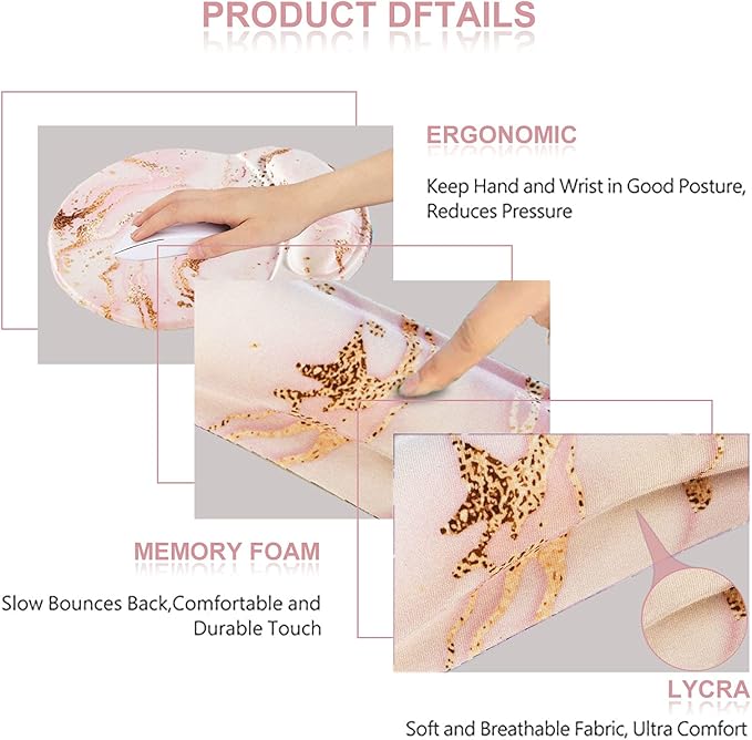 ArtSo Upgraded Wrist Rest Support for Mouse Pad & Keyboard, Ergonomic Gel Mousepad Non-Slip Rubber Base Home,Office Pain Relief & Easy Typing Cushion Neoprene Cloth & Soft Memory Foam, Pink Marble