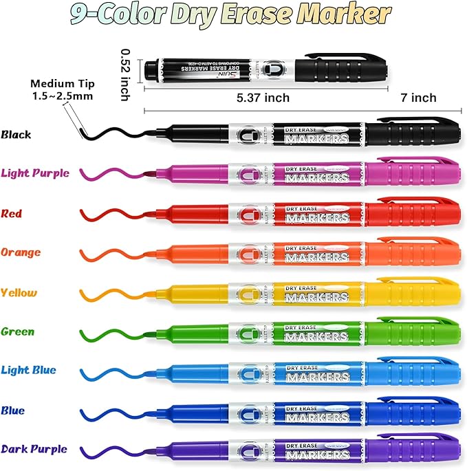 SUIN 9 Colors Dry Erase Markers - Low Odor, Non-Toxic, Slim Whiteboard Bullet Tip markers, Medium Fine Tip Whiteboard Pens for Kids, Office, Classroom & Home 36 Count