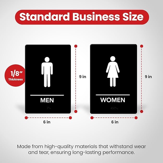 Promot Men and Women Restroom Sign – ADA Braille Bathroom Sign for Business, Self-Adhesive, 9" x 6", Commercial Door Signage, Office Wall Decor - Black