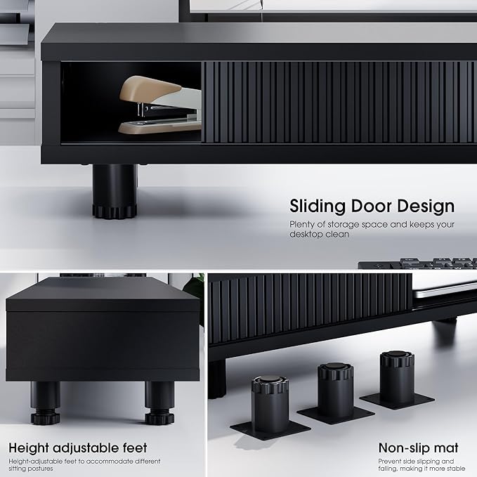 Fenge Dual Monitor Stand, 42.5inch Long Monitor Stands Riser for 2 Monitors, Sliding Door with Storage Organizer Stand for Desk, 2 Tier Desk Shelf for Laptop, Pc, Printer, Computer, TV