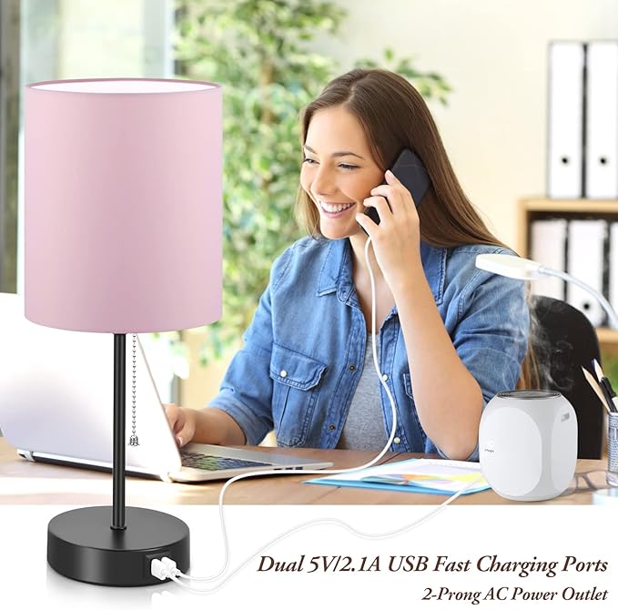 Table Lamps Set of 2 with USB Charging Ports, Pink Bedside Lamps with AC Outlet, Nightstand Lamps with Pull Chain Switch, Minimalist Modern Desk Lamps with Fabric Shade for Living Room Bedroom Office