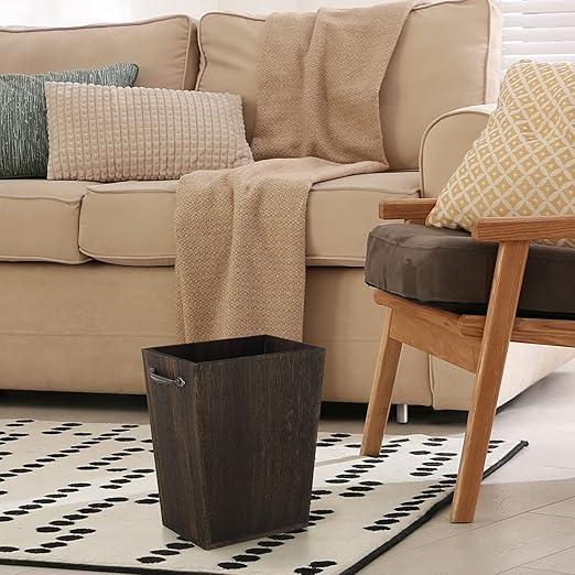 Trash Can Wastebasket Wood Garbage Container Bin with Built-in Double Metal Handles for Office, Bedroom, and Bathroom, Dark Brown