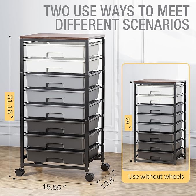 Rolling Storage Cart with 8 Drawers, Utility Cart on Wheels with Wooden Tabletop, Utility Cart for Teacher Storage, Office Organizer, Classroom Storage Cart, Craft Storage, Grey