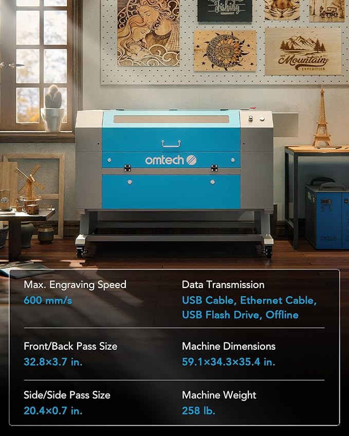 OMTech 90W CO2 Laser Engraver with LightBurn & Water Chiller, 20"x28" Laser Engraving Cutting Machine with Autofocus Autolift 4 Way Pass Air Assist, Commercial Laser Cutter for Wood Glass Acrylic More