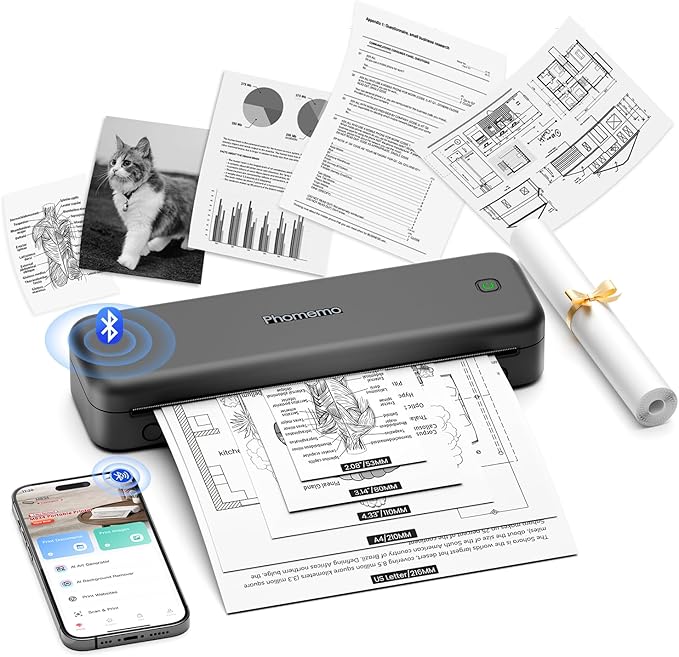 Phomemo M834 Portable Printer Wireless for Travel, Bluetooth Thermal Printer 8.5" x 11"&A4, Compatible with iOS,Android & PC,Inkless Mobile Printers for Travel,Office,School,Home,Gray