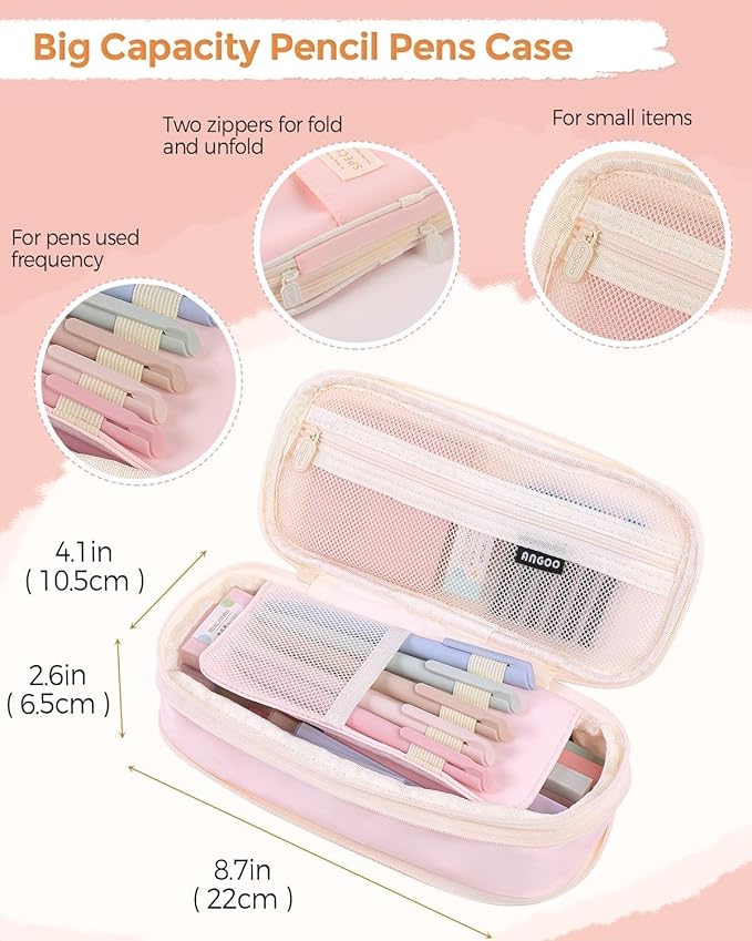 SKYDUE Cute School Supplies 44 PCS, Aesthetic Pencil Case with 12 Pastel Highlighters, 5 Black Gel Pens, 6 Color Gel Pens & Mechanical Pencils, College Essentials Students Stationary Set Pink