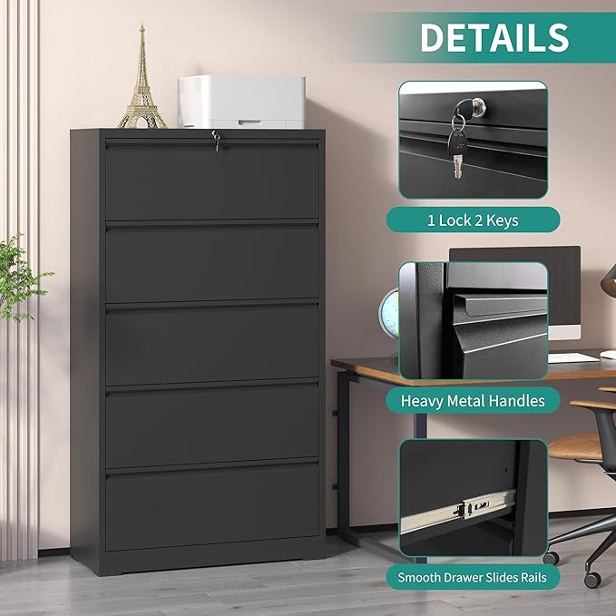5 Drawer Lateral File Cabinet, Metal Filing Cabinets for Home Office, Steel Storage Wide File Cabinet for Letter/Legal/F4/A4 Size with Hanging Bars, Assembly Required (Black)