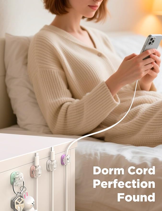 12 Pack Cord Holder Cable Clips,Cord Clips Multicolor [Dual Spring & Clasp Lock],Cute Phone Cord Holder for Nightstand, Chfeila Home Office Organizer Cable Clips for Car Desk Workspace Teen Room Decor