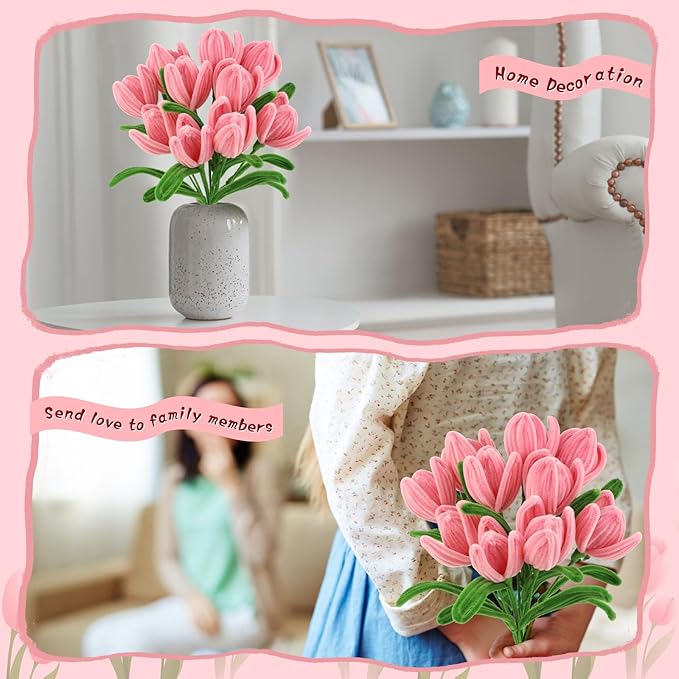 UzecPk Pink Pipe Cleaner Flower Kit Pipe Cleaner Flowers Pipe Cleaners Bulk Green Pipe Cleaners Chenille Stems Set with Floral Wire Instructions for DIY Art and Craft Projects Creative(15 Flowers)