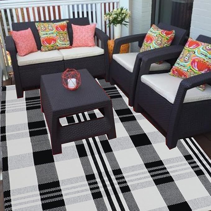 Buffalo Plaid Rug 4' x 6' Black and White Outtdoor Rug Cotton Hand-Woven Checkered Front Welcome Door Mat Indoor/Outdoor Area Rug for Front Porch,Kitchen,Bathroom,Entry Way,Living Room (4' x 6')