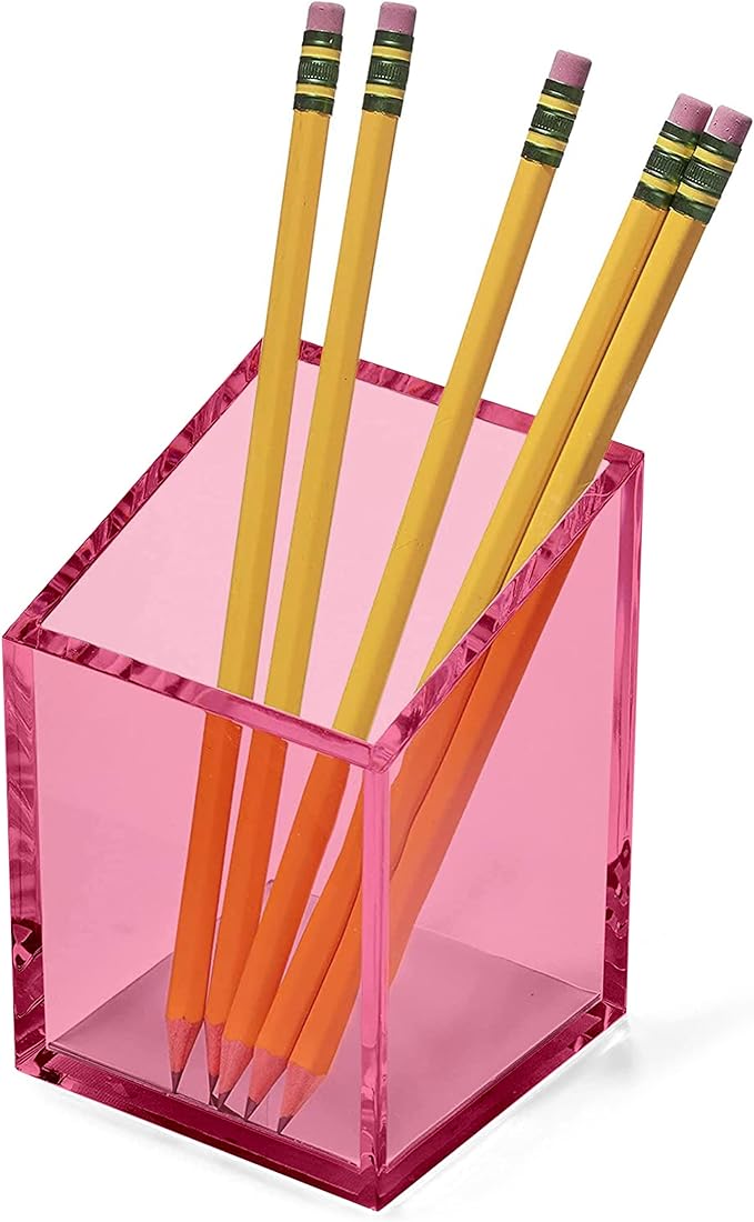 OfficeGoods Acrylic Pen & Pencil Holder - Modern Trapezoid Design - Beautiful Desk Organizer for Home or Office - Contrasting Metal Base - 3" Square w/ 3.5" Front & 4.5" Back - Pink