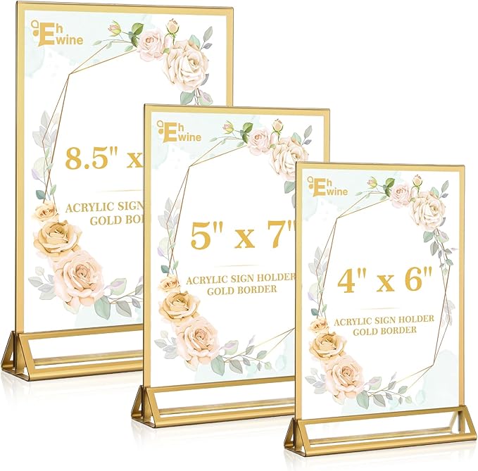 EHWINE 12 Pack Acrylic Sign Holder 4 x 6, Double Sided Gold Picture Frame Stand up Table Top Sign Holders, Clear Display Stand Menu Flyer Holder for Wedding Party