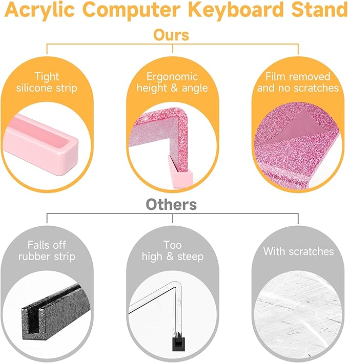 Ergonomic Computer Keyboard Stand - 17 Inch Glitter Pink Acrylic Keyboard Riser for Desk Tilted Keyboard Holder Tray with Non-Slip Strip for Home Office Easy Typing & Working
