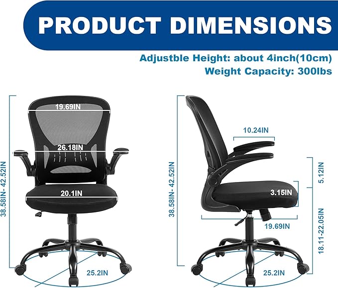Mesh Office Chair, Ergonomic Home Office Desk Chairs with Flip-up Arms and Lumbar Support, Height Adjustable, Black