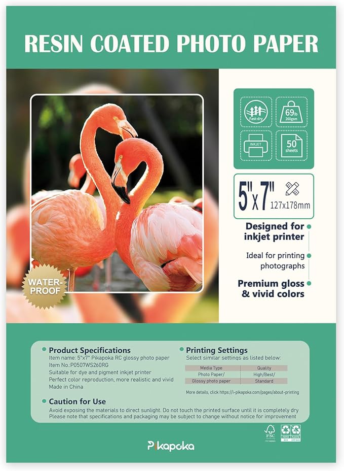 Ultra-Premium Glossy RC Photo Paper, Professional and Heavyweight Metallic Resin Coated Photo Paper, Pigment and Dye Inkjet Printer Suitable, Waterproof, 5x7, 50 Pack