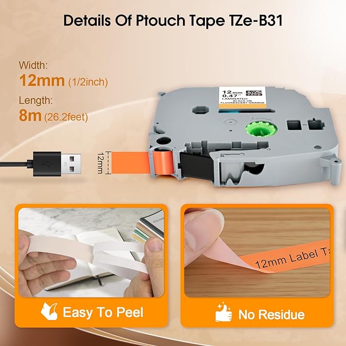 BOYEEZON 4-Pack Compatible with Brother P Touch TZe-B31 Label Maker Refills, TZ Tape 12mm 0.47 Laminated Tape for Brother PTD210 PTD220 PTD400 PTD400AD PTD600, Black on Orange Fluorescent