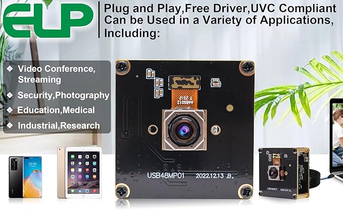 ELP 48MP Fast Autofocus USB Camera Module with 70degree No Distortion Lens for Computer Mini UVC USB2.0 Industrial Webcam Board 8000 * 6000 USB with Camera for Laptop PC Raspberry pi Jetson Nano