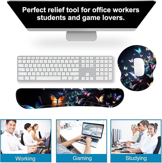 ARTSO Ergonomic Mouse Pad with Wrist Rest, Comfortable Keyboard Wrist Rest, Memory Foam Mousepad for Computer Keyboard, Mouse Pad Set for Easy Typing, Pain Relief, Night Butterfly