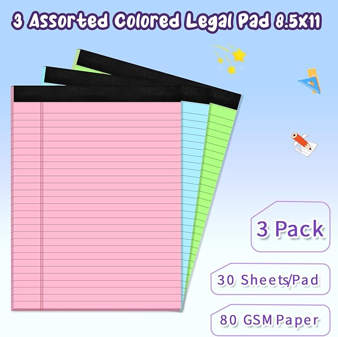 3 pcs Legal Pads 8.5 x 11 Note Pads, Colored Legal Notepads 8.5 x 11, Notebook Wide Ruled Paper, Micro Perforated Writing Pad, Pad of Paper for Office Home School, 30 Sheets/Pack