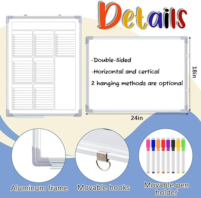 Lincia Magnetic to Do List Whiteboard for Wall 24" x 18" Large Weekly Dry Erase Board, Hanging Double-Side White Board Calendar for Planning Drawing Memo Home Kitchen Office(White)