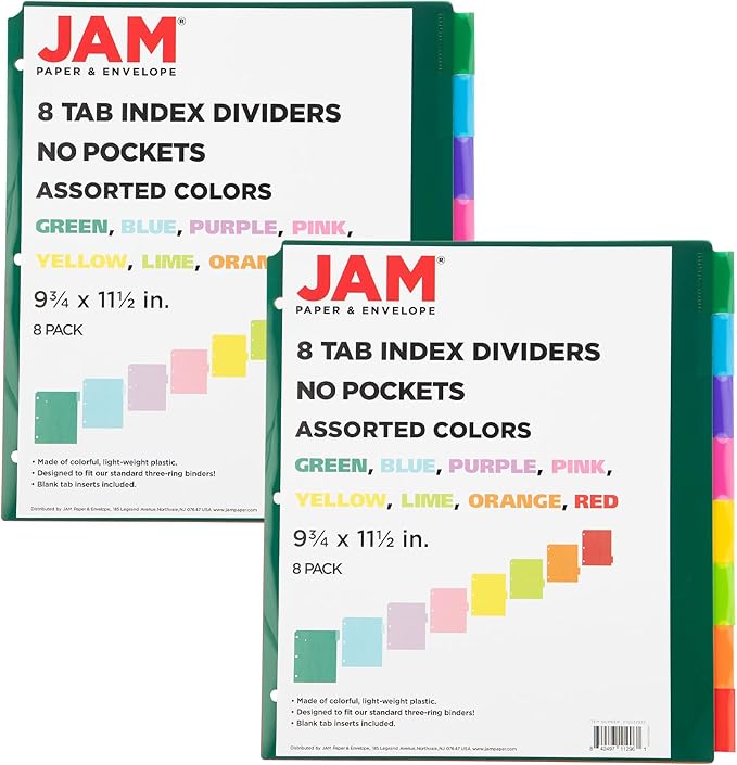 JAM PAPER Plastic Index Tab Dividers - 8-Tab - 9 3/4 x 11 1/2 - Multicolor - 2 Sets of 8 Tabs/Pack