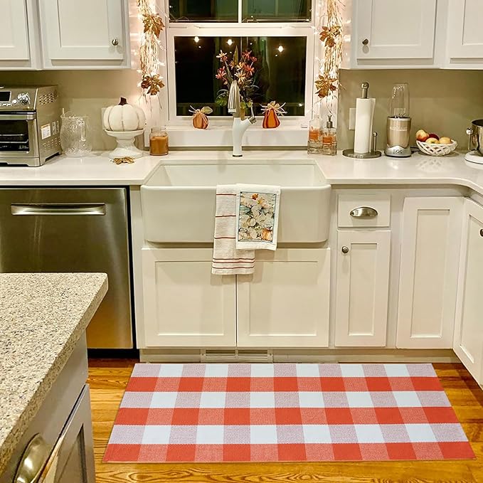 Buffalo Plaid Outdoor Rugs, 2'x4'3'' Orange and White Checkered Indoor/Outdoor Area Rug, Layering Rug for Hello/Welcome Door Mat, Washable Cotton Woven Farmhouse Mat for Fall Front Porch Décor