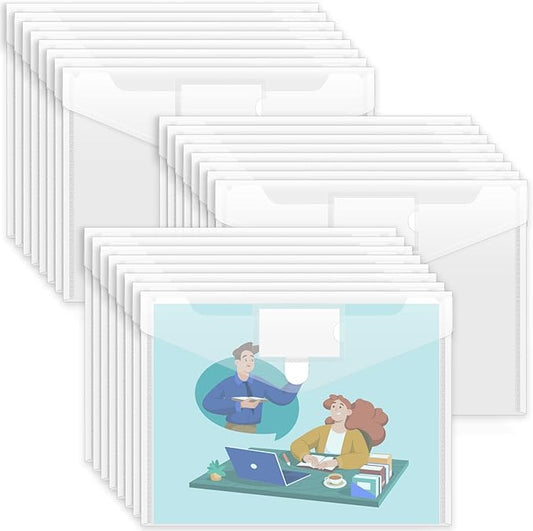 Sooez 24 Pack Plastic Envelopes Poly Envelopes, Clear Document Folders US Letter A4 Size File Envelopes with Label Pocket for School Home Work Office Organization, Clear