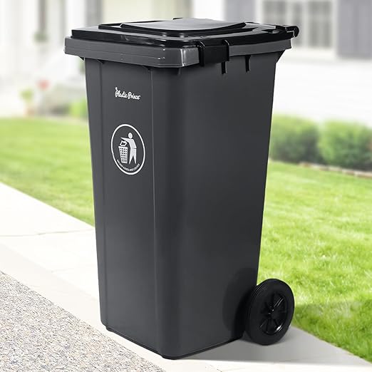 32 Gallon Trash Can with Wheels Outdoor Garbage Can with Lid and Wheels Locking Trash Can Commercial Heavy-Duty Trash Bin Rolling, Plastic Gray