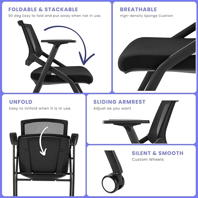 4 Pack Stackable Conference Room Chairs with Wheels and Paddle, Ergonomic Mesh Back and Arms for Meeting, Conference, Reception, Training Room & Home Office Desk Folding Chairs (2 Boxes)