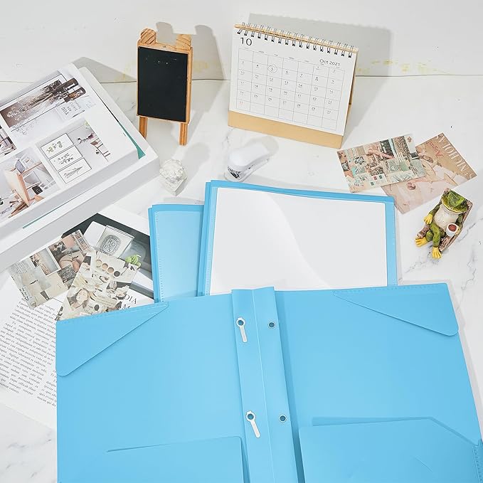 Henoyso 48 Pcs Plastic Folder with Clear Front Pocket and 3 Prongs Heavy Duty Plastic Folders with Card Slot Pocket Folders with Prongs for School Office Home(Light Blue)