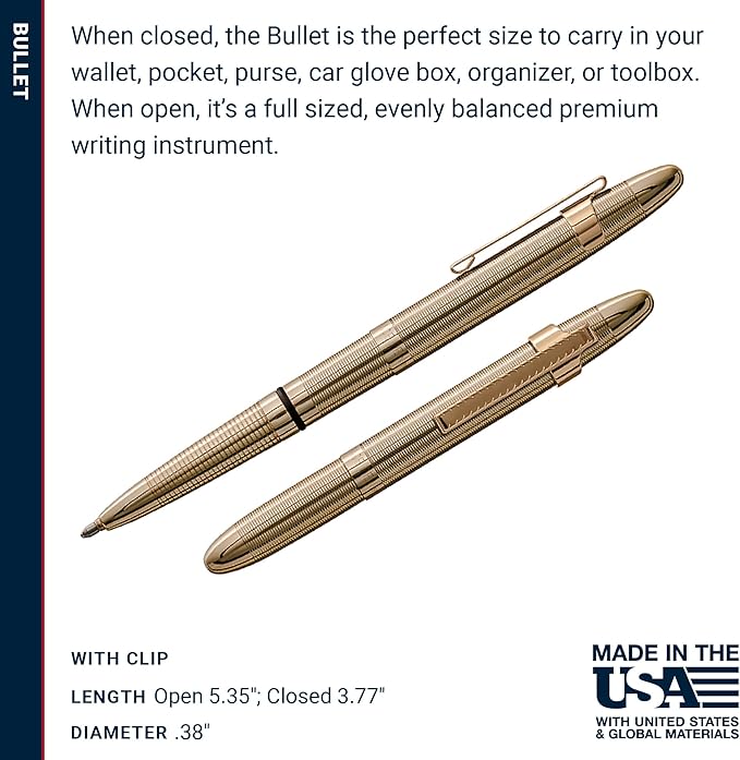Fisher Space Pen Bullet Pen, Ballpoint, Black Ink, Gold Lacquered Brass, Pocket Clip,Gift Box