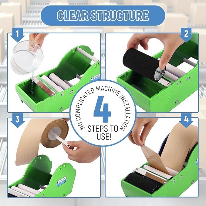 Water-Activated Tape Dispenser, Manual Kraft Gum Tape Dispenser, Width Adjustable 1.18-3.15", Light Weight & Portable Packing Tape Dispenser Set, Green