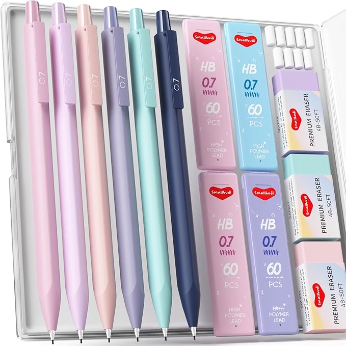6PCS 0.7mm Mechanical Pencils Set with Case, Cute Pastel Mechanical Pencil with 240PCS HB Lead Refills, 3 Erasers, Aesthetic Back to School Supplies for Student Writing Drawing Sketching