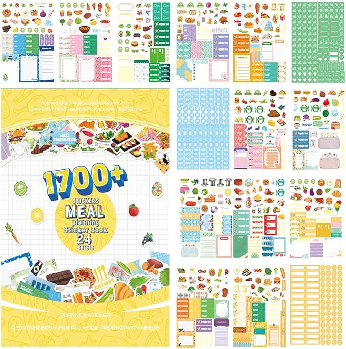 1700+ Planner Stickers Book, 24 Sheets Waterproof Repositionable Stickers for Journal, Bullet Planner, Scrapbook & Calendar, Functional Decorative Sticker Set & Gift (Dietary Arrangements)