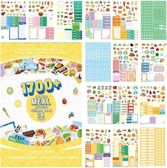 1700+ Planner Stickers Book, 24 Sheets Waterproof Repositionable Stickers for Journal, Bullet Planner, Scrapbook & Calendar, Functional Decorative Sticker Set & Gift (Dietary Arrangements)