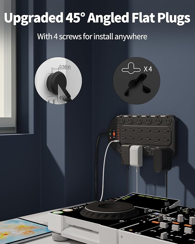 Power Strip, 24 AC Outlets (1875W/15A) with 6 USBs (2 USB-C Ports), Surge Protector (3,400 Joules), 10Ft Heavy Duty Flat Plug Extension Cord, Wall Mountable for Home, Office, Black, ETL Listed