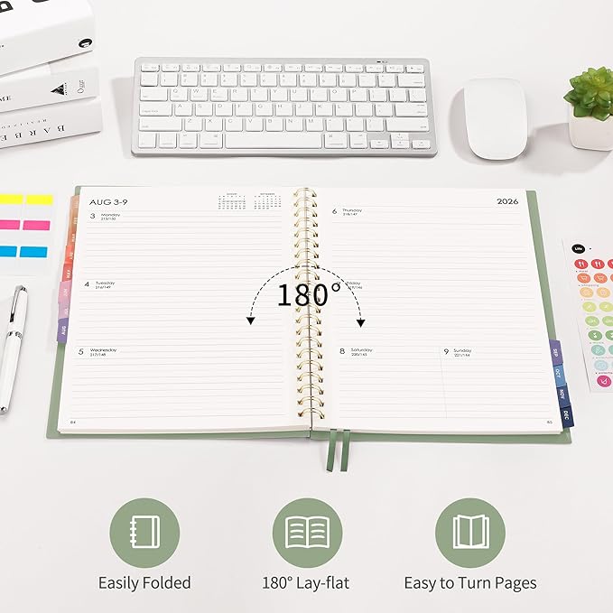 RETTACY 2026 Planner, Weekly and Monthly, Large Size (8.5" x 11"), Jan - Dec 2026, Agenda, Calendar, 12 Month Tabs, Flexible Plastic Cover, 100 GSM Thick Paper, Spiral-bound (Light Green)