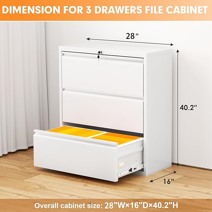 INTERGREAT 3 Drawer Lateral File Cabinet with Lock, 28" W White Lateral Filing Cabinet for Legal/Letter A4 Size, Locking File Cabinet for Home Office