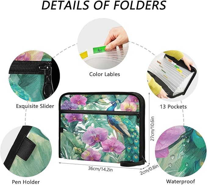 Peacocks and Purple Flowers Expanding File Organizer with 13 Pockets Accordion File Folders with Labels,Portable Document Paper Bill Receipt Organizer,Home College School Office Supplies, Lette
