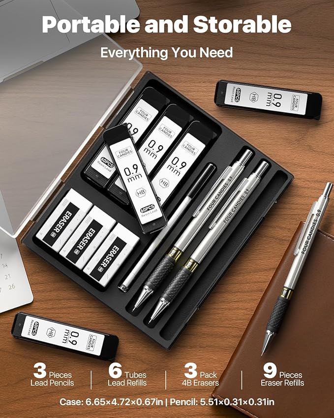 Four Candies Metal Mechanical Pencil Set - 3PCS 0.9mm Art Mechanical Pencils & 360PCS HB Lead Refills & 3PCS Erasers & 9PCS Eraser Refills, Drawing Mechanical Pencils for Writing, Sketching/With Case
