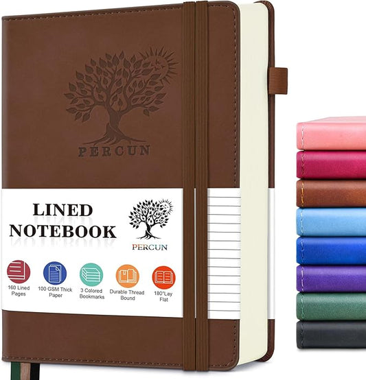 PERCUN Lined Journal Notebook for Men & Women, 160 Pages College Ruled Journal for Writing, A5 Hardcover Leather Notebooks for Work, School, Business, Travel, Daily Diary 5.9" x 8.5" - Brown
