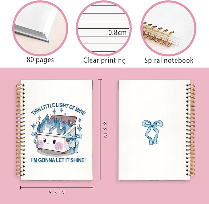 Cute Dumpster Fire Notebook Journal for women, Blue Bow Cute Spiral Notebooks for Women Girls,Dumpster Fire Gifts, Funny Office Gifts for Coworkers, 5.5x8.3 Inch