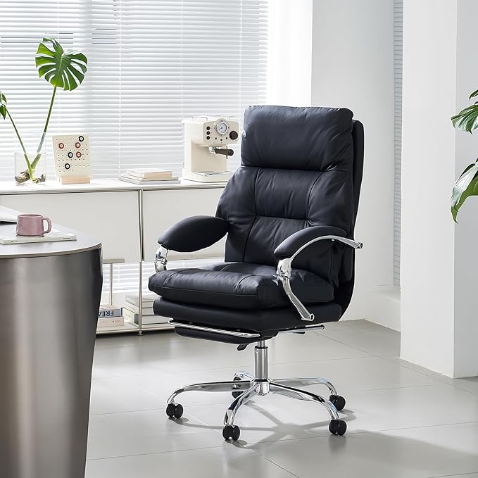 LEAGOO Reclining Office Chair with Foot Rest, Executive Office Chairs with Arms, Ergonomic High Back PU Leather Comfy Swivel Computer Desk Chairs with Wheels and Lumbar Support for Home Office, Black
