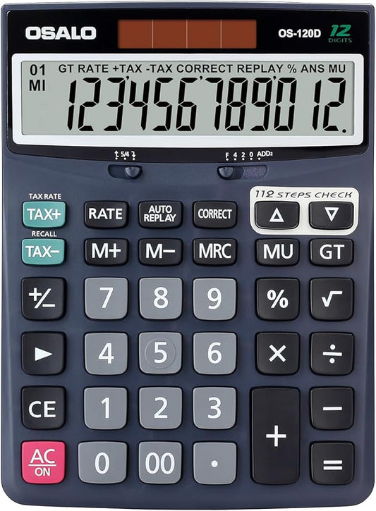 OSALO 12 Digits Desktop Calculator Extra Large LCD Display with VAT Tax Big Button, Dual Solar Power and Battery, Basic Calculator for Office, Home, School (DJ-120D Deep Blue)