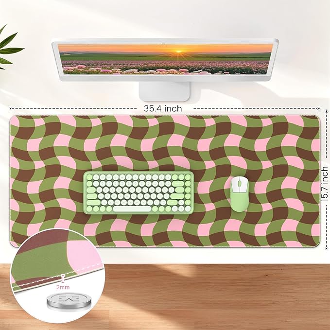HAOCOO Checkered Desk Mat, Cute Leather Mouse Pad, 35.4" x 15.7" Keyboard Pad Office Accessories, Non-Slip Desktop Mat, Laptop Pad with Stitched Edge Desk Cover Mat(Green)